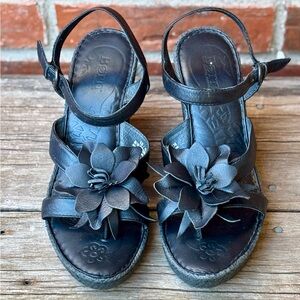 Born Black Leather Comfort Flower Accent Wedge Heels Sandals 10